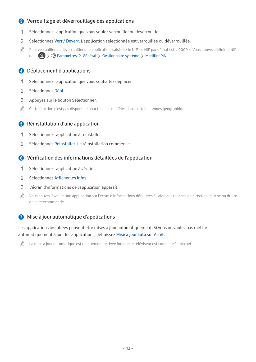 Samsung UE49M6305AKXXC, UE49M5605AKXXC manual  Verrouillage et déverrouillage des applications,  Déplacement dapplications 